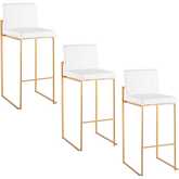 Fuji 30" High Back Bar Stool in Gold Steel & White Leatherette (Set of 3)